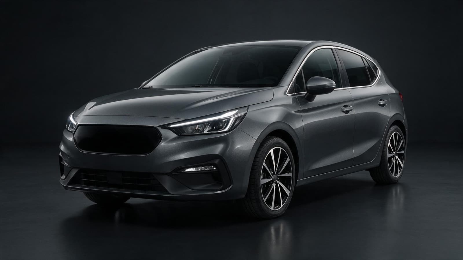 Grey family hatchback in a dark studio