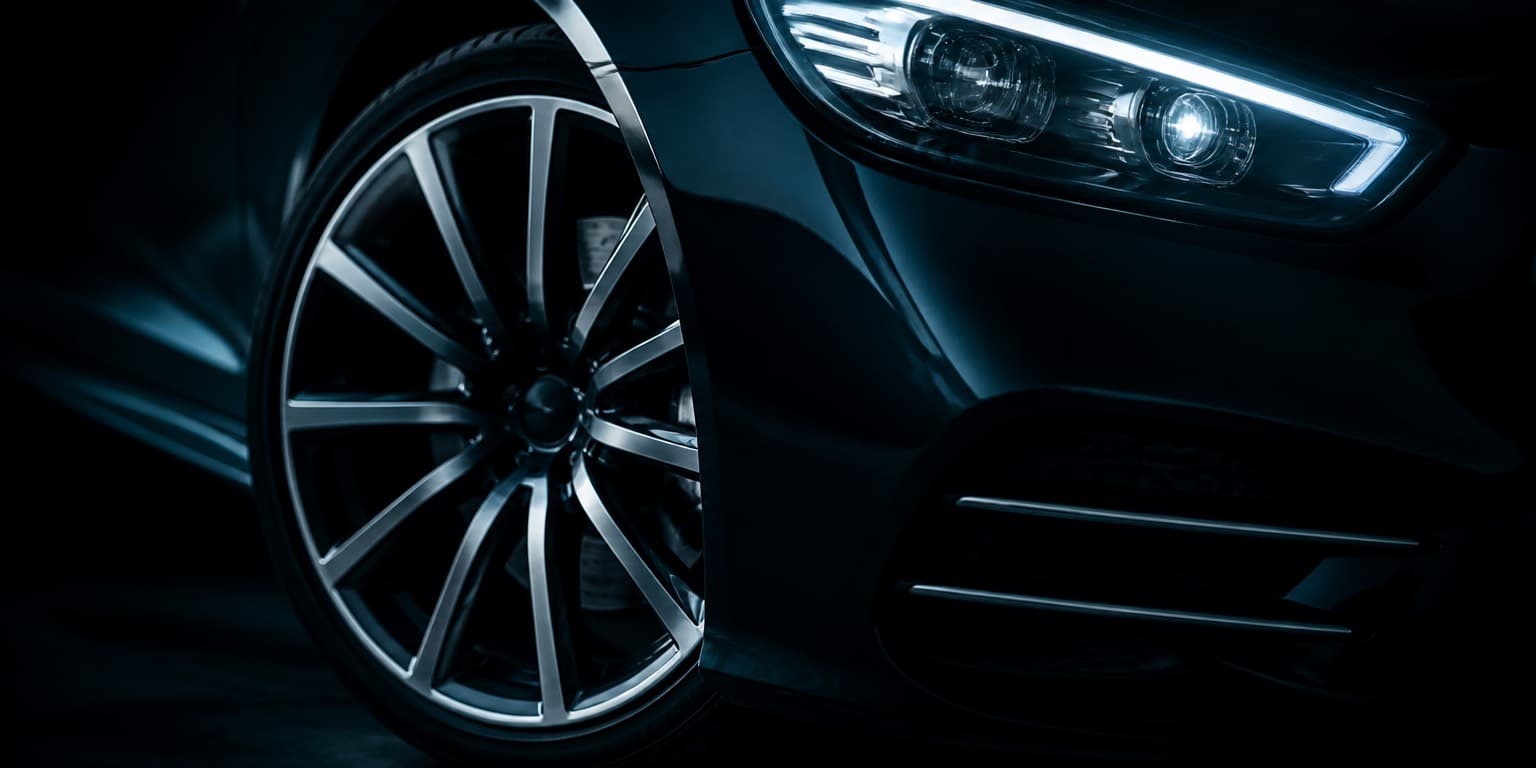Close-up of a car wheel and headlight in low light